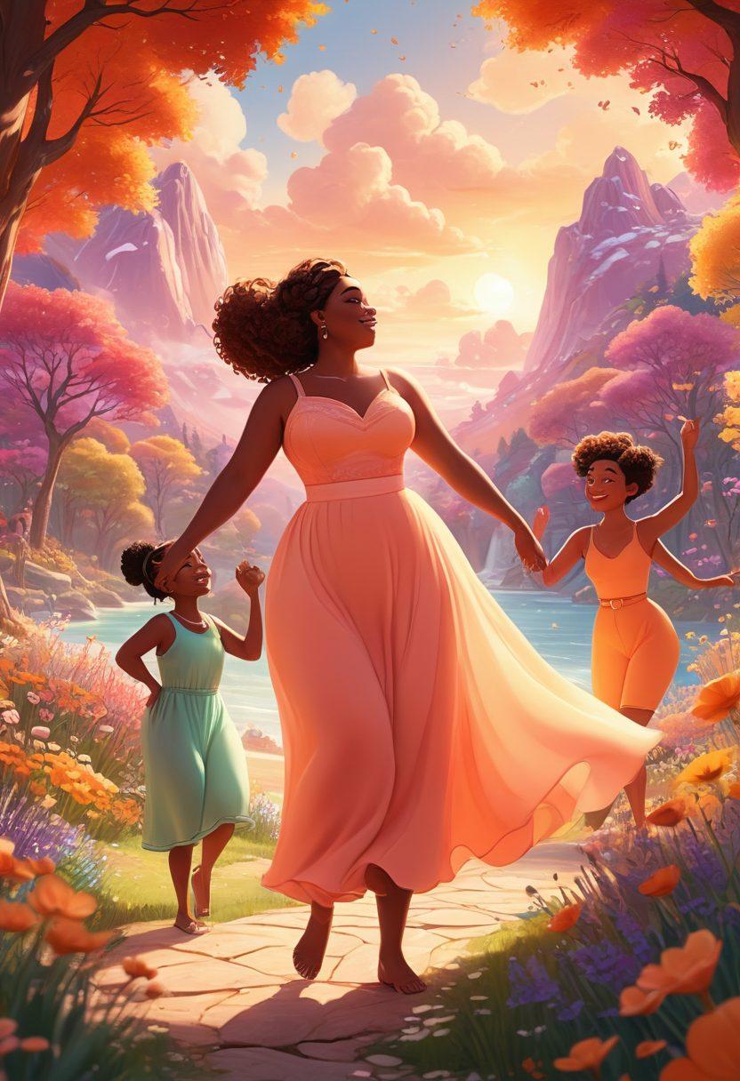 A beautifully stylized animated scene depicting a diverse group of characters celebrating body positivity, surrounded by vibrant colors and soft, welcoming lighting. The characters, in various body types, share intimate moments of joy and connection, with ethereal, swirling patterns symbolizing their unique relationships. The background features a dreamy, whimsical landscape, enhancing the feeling of warmth and acceptance. vibrant colors. playful animation style. soft focus.