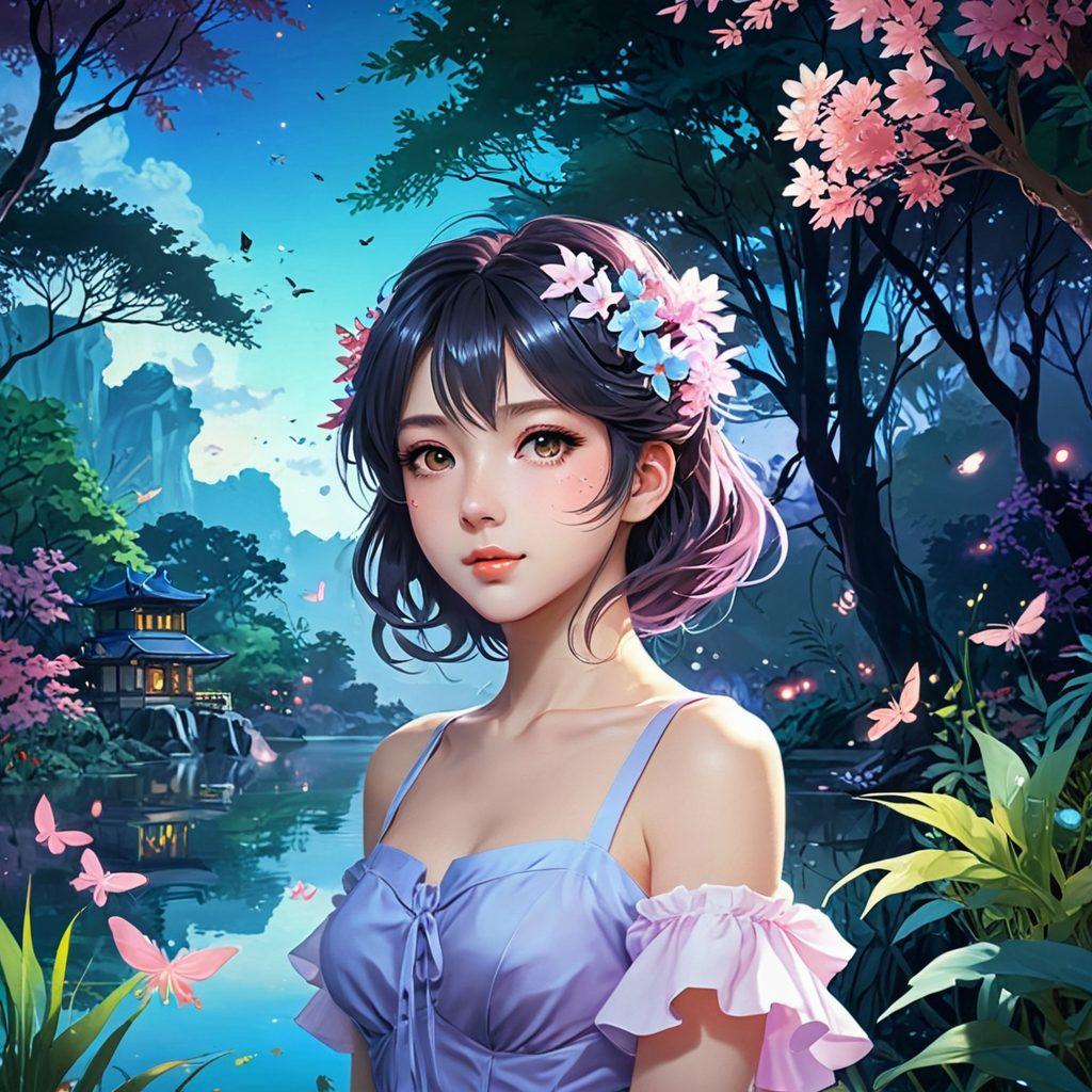 An enchanting, fantasy-inspired scene depicting a mystical anime world, filled with vibrant, voluptuous characters featuring flowing, exaggerated hairstyles and captivating expressions. The setting includes lush, dreamy landscapes with whimsical elements like floating lights or surreal flora. A subtle touch of sensuality permeates the atmosphere while maintaining an artful perspective. The color palette is rich and alluring, with soft pastels and bold accents to evoke emotion. anime art style. vibrant colors. dreamy background.